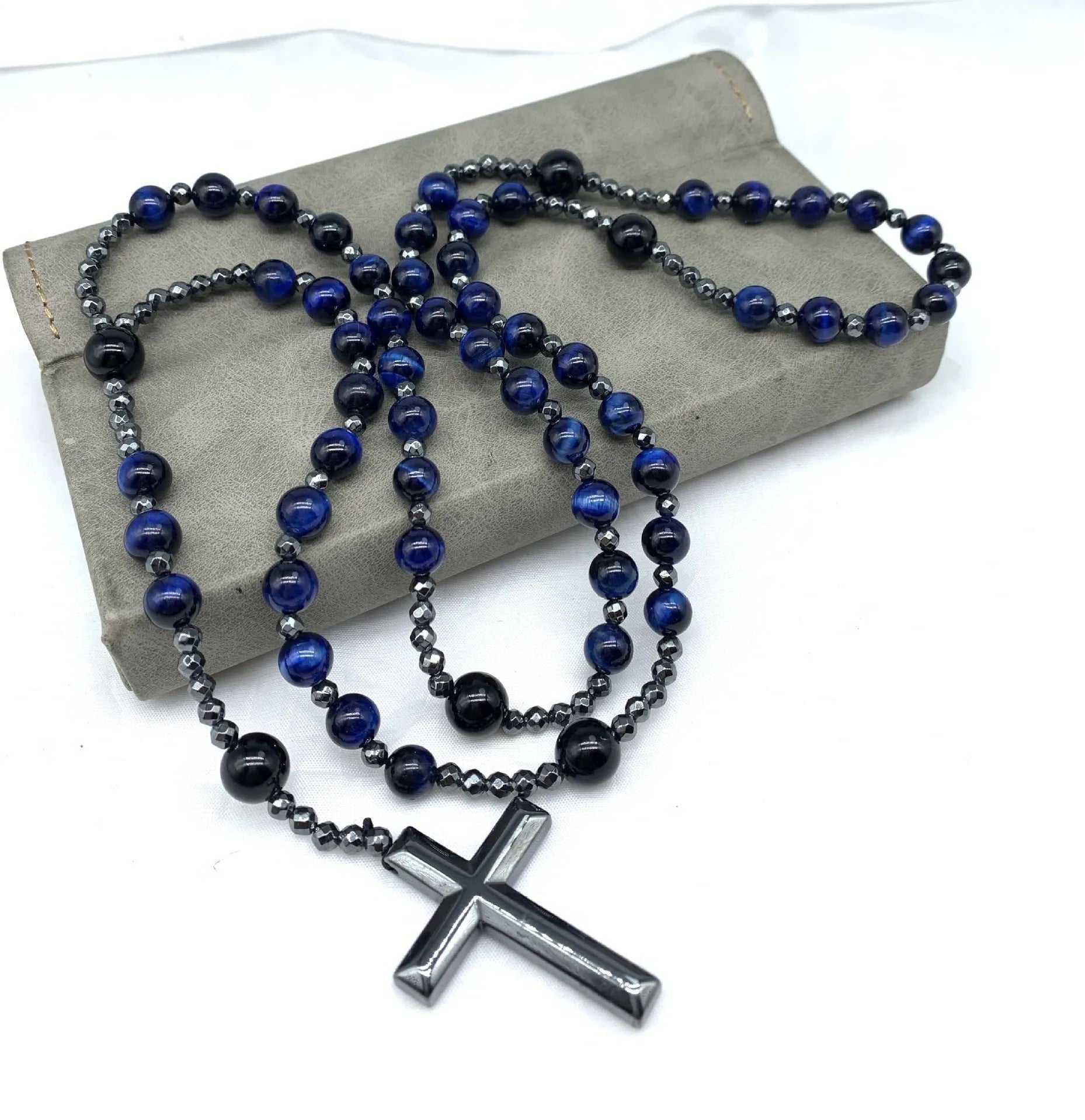 Men's stone cross pendant necklace with ball bead chain and safety lock clasp