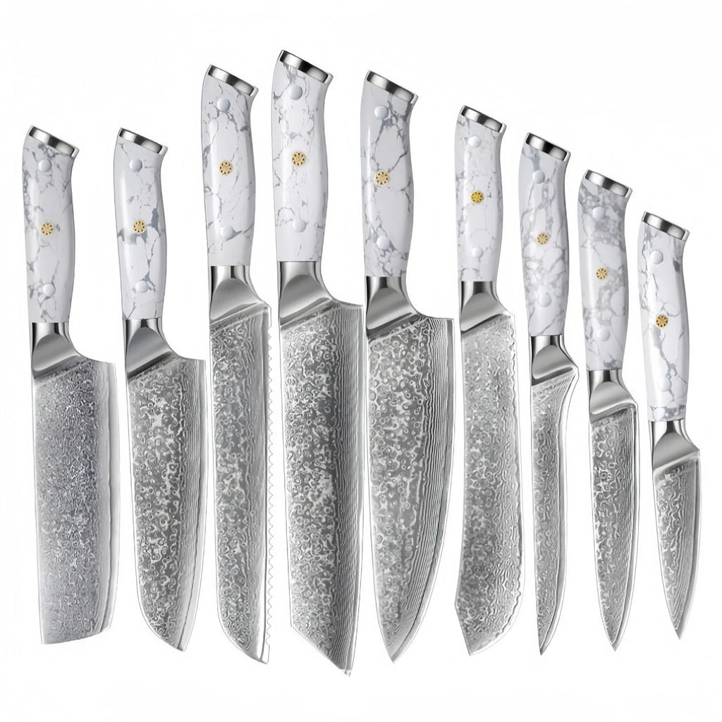 Damascus pattern chef's knife with 21cm VG10 steel blade and 11cm handle showing Japanese knife construction