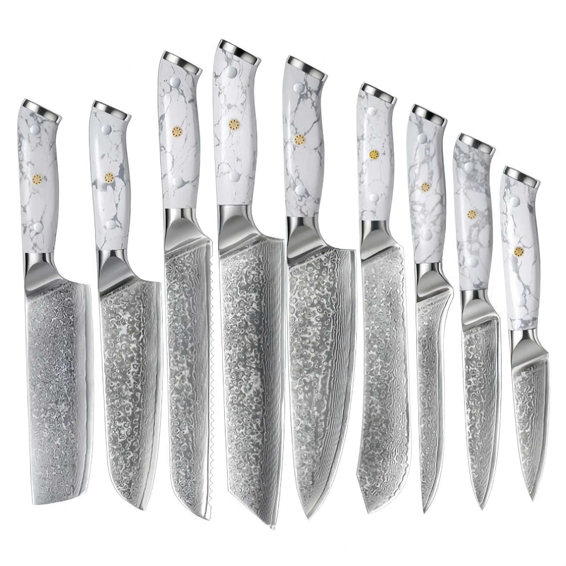 Damascus pattern chef's knife with 21cm VG10 steel blade and 11cm handle showing Japanese knife construction