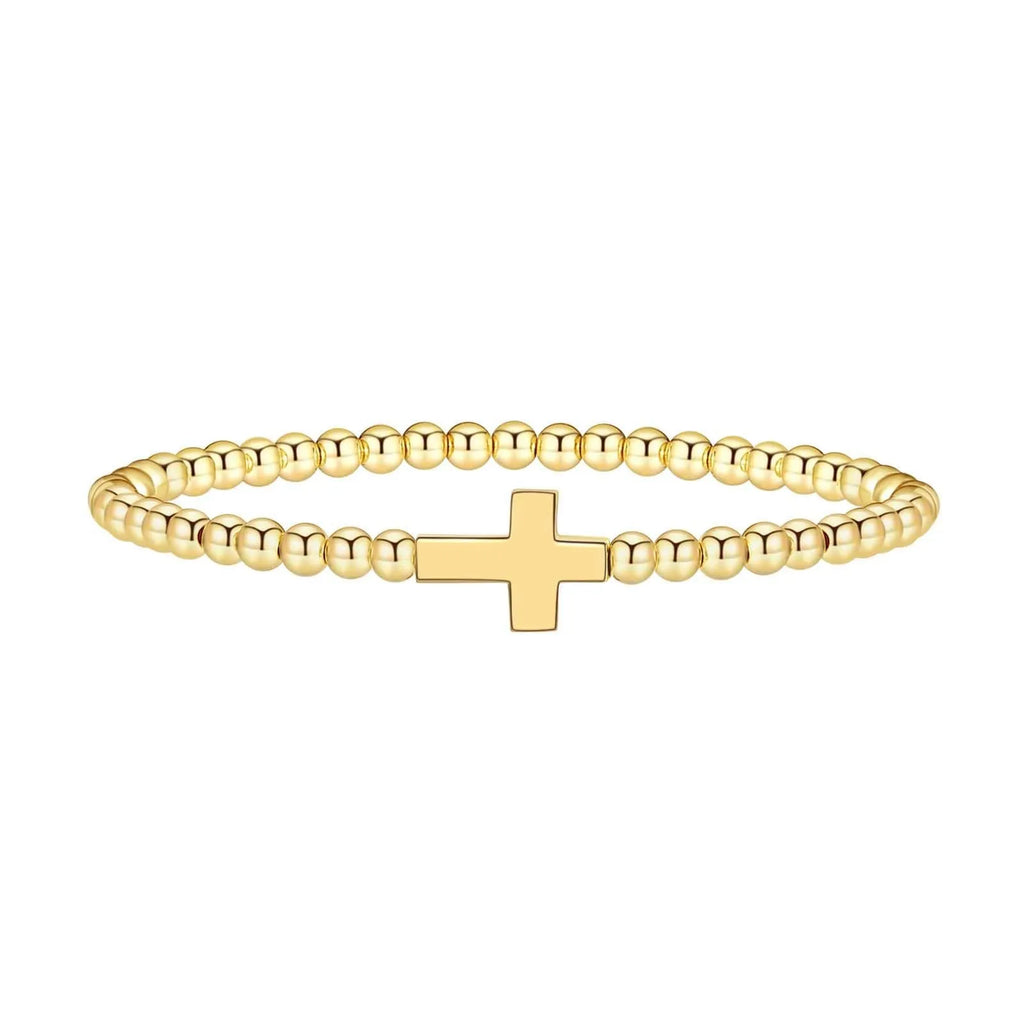 Adjustable stainless steel beaded bracelet with geometric design and round elements in electroplated finish