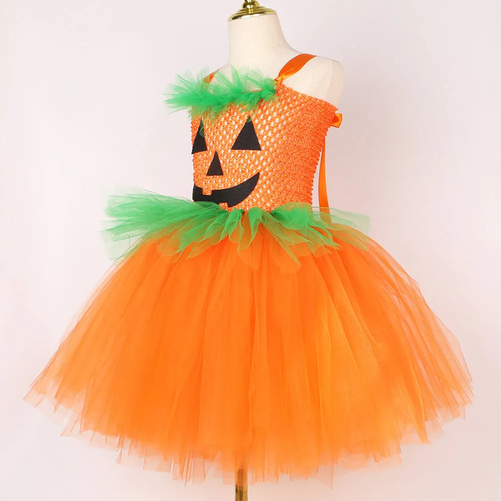 Girls' Halloween pumpkin skirt in nylon with matching hat, cartoon princess design