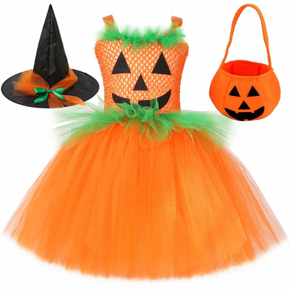Girls' Halloween pumpkin skirt in nylon with matching hat, cartoon princess design