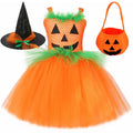 Girls' Halloween pumpkin skirt in nylon with matching hat, cartoon princess design