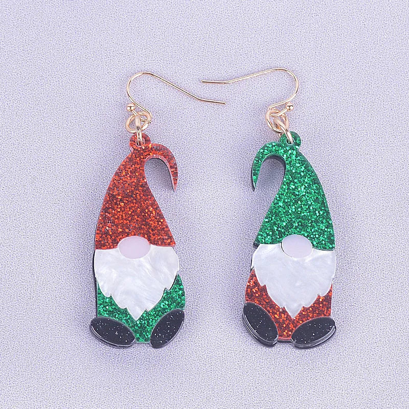 Santa Claus cartoon character acrylic fashion earrings in red, green, and mixed hat styles