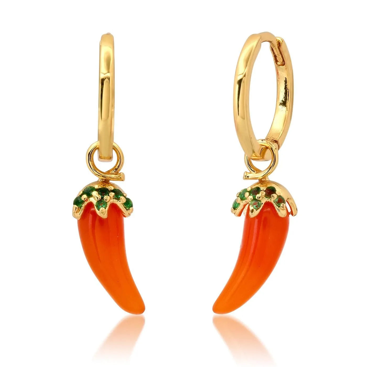 Gold plated copper earrings with fruit and vegetable designs including carrot, blueberry, and chilli pepper