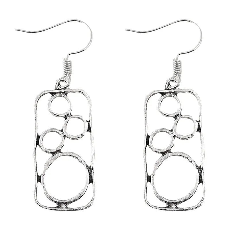 Round zinc alloy earrings with geometric square design in antique silver finish