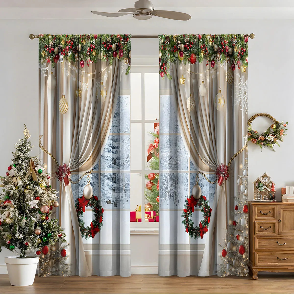 3D digitally printed Christmas curtain panel in a modern style, made from polyester fabric.