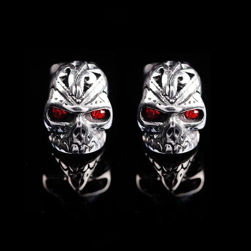 Retro red eye skull stud earrings with alloy metal construction and gemstone inlays