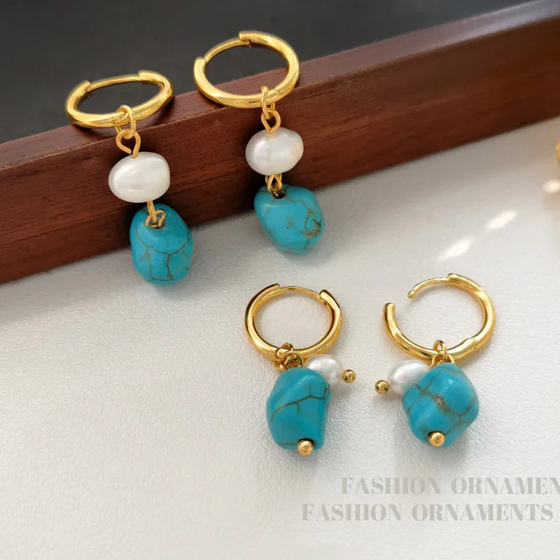 Copper geometric ear clips with cultured pearls and irregular turquoise stones for women