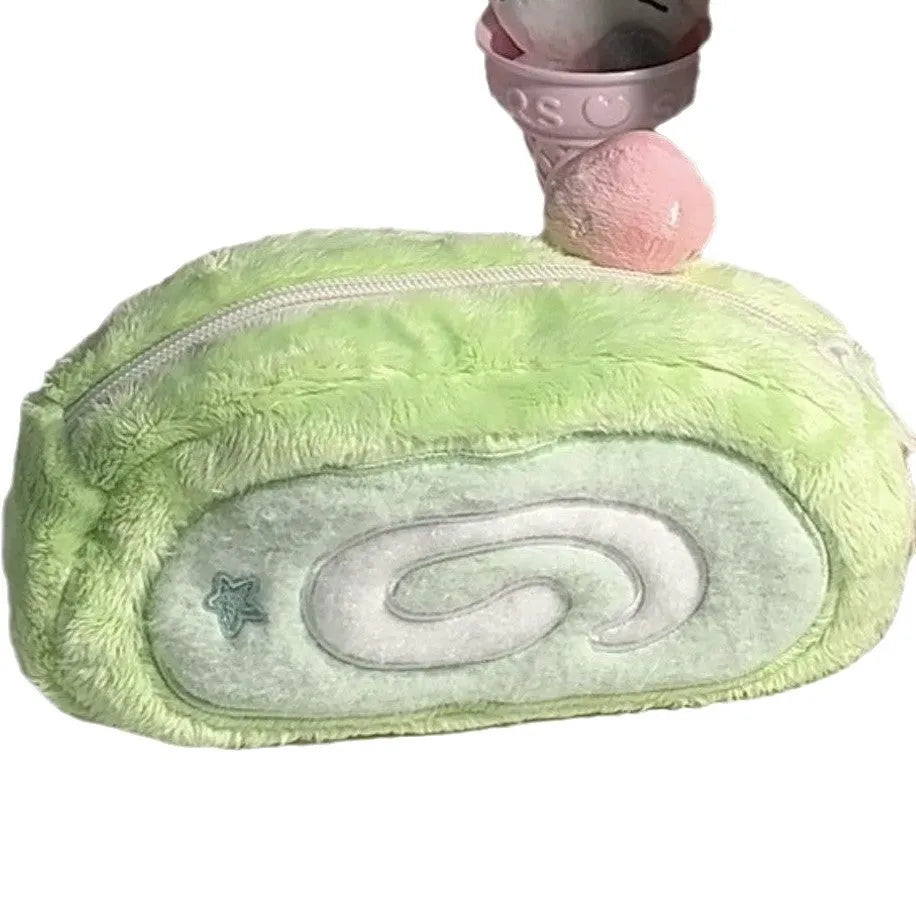 Honeydew Swiss roll cake design velvet roll-up pencil case in Korean style