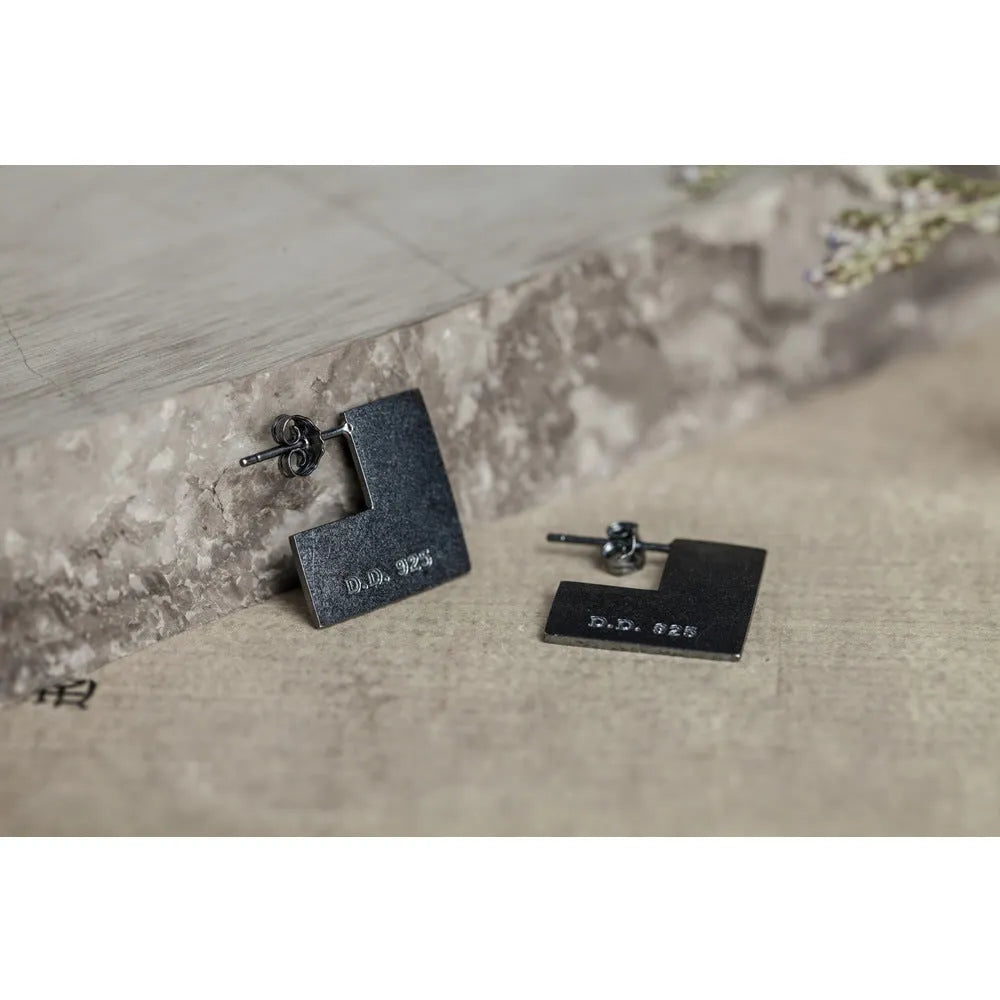 Sterling silver geometric square earrings with black oxidation finish