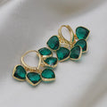 Korean style green heart pendant glass ear clip earrings with alloy inlay artificial gemstone details