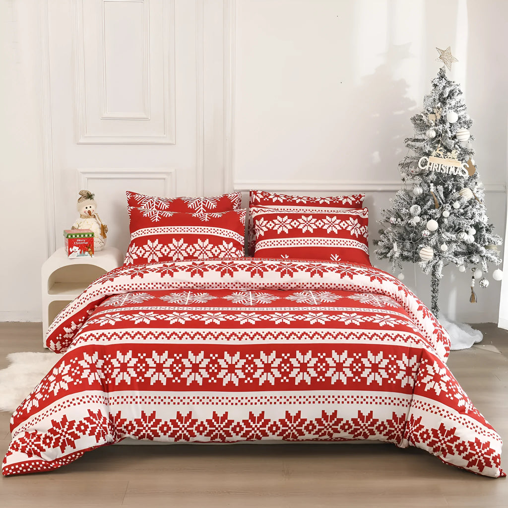 Winter Sleepers red Christmas Love Song pattern bedding three-piece set on bed