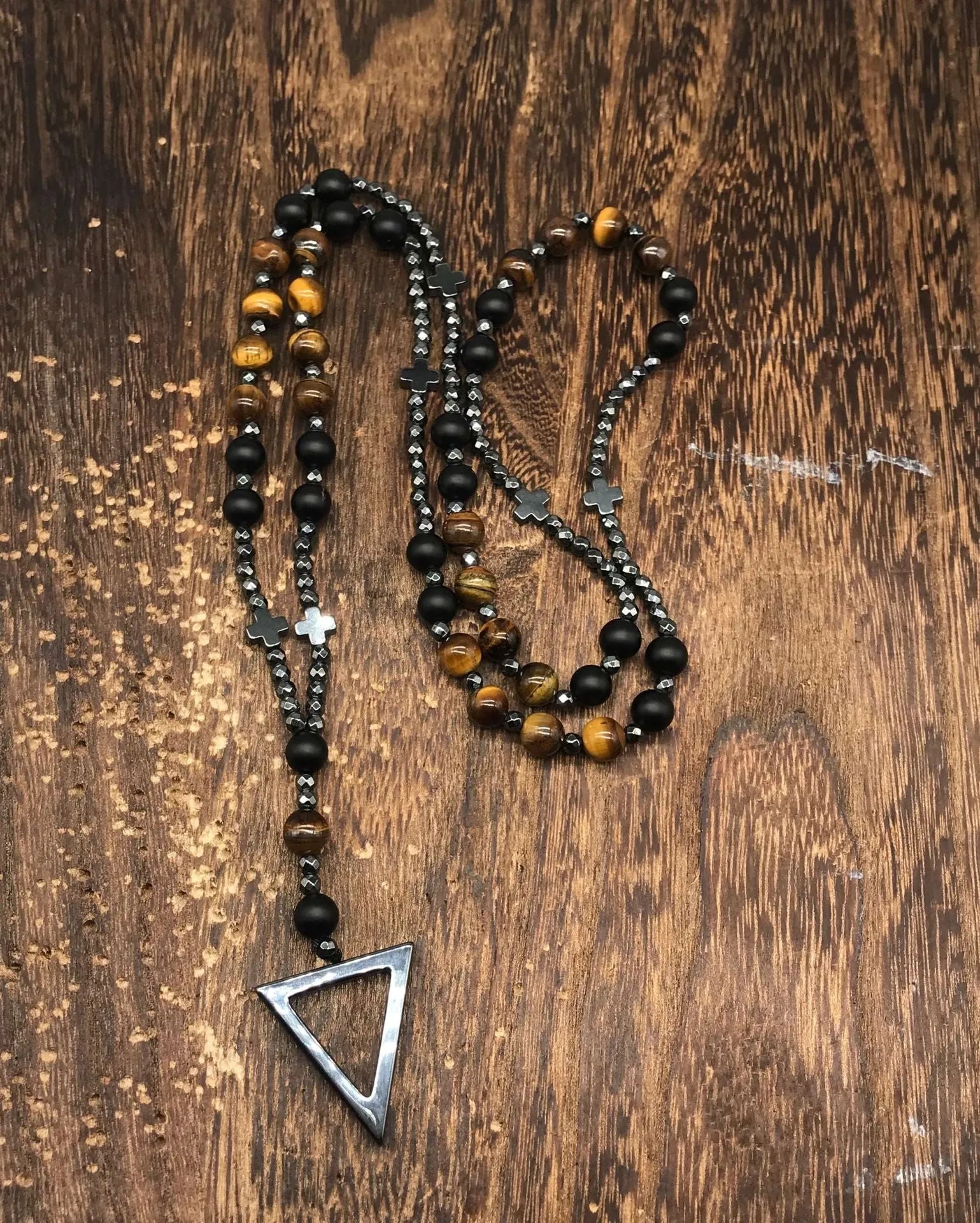Men's stone cross pendant necklace with ball bead chain and safety lock clasp