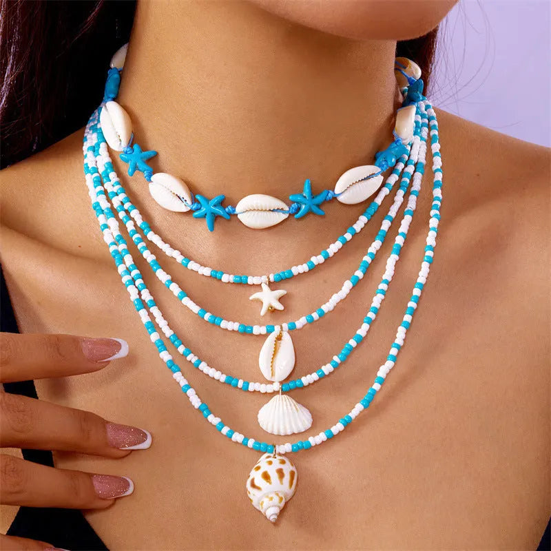 Blue and colour women's multi-layer necklace set with starfish shell conch pendants and bead elements