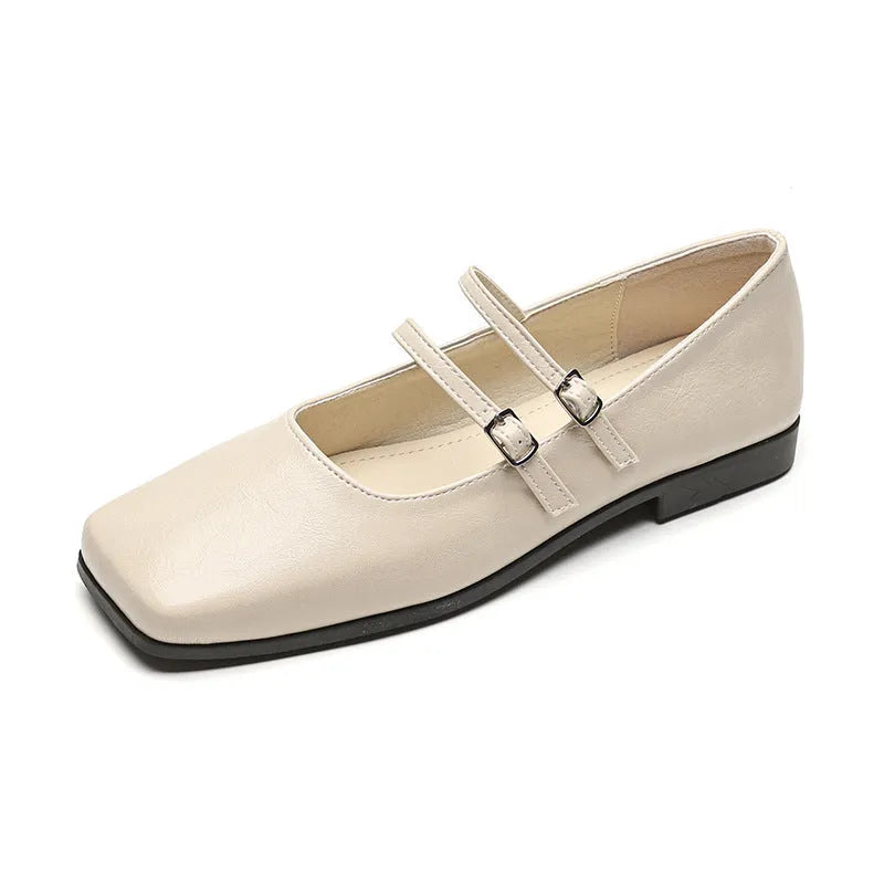 Women's silver leather ballet flats with cross-strap buckle and round toe