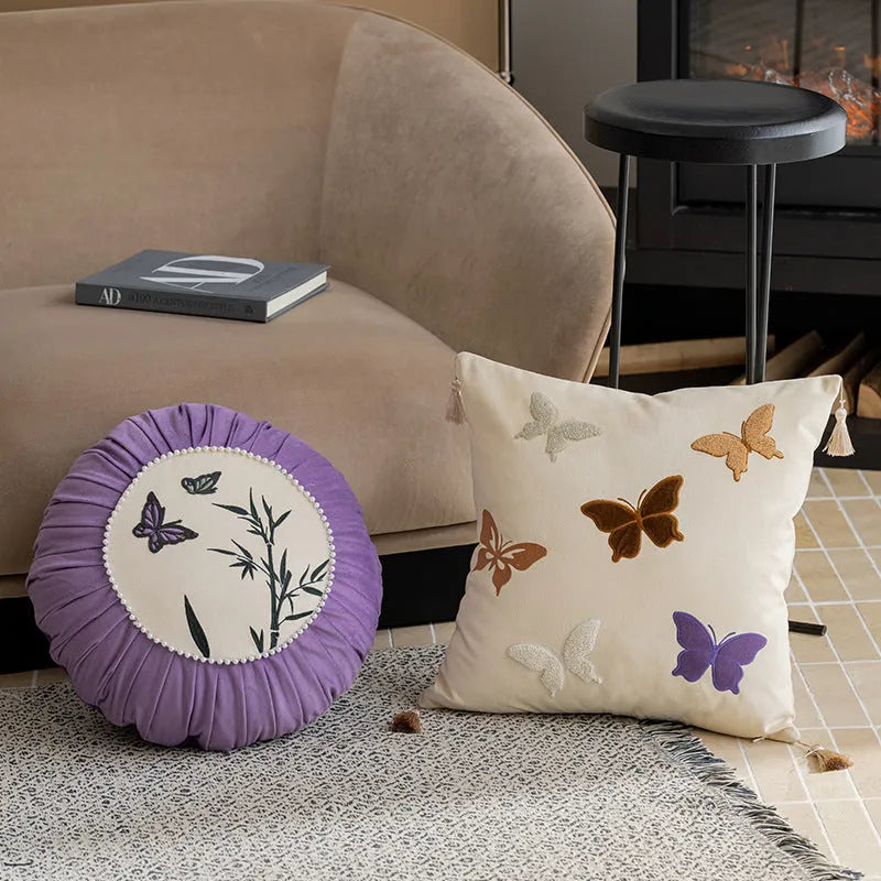Square 45x45 cm cushion with Chinese style butterfly embroidery in beige, black, or purple
