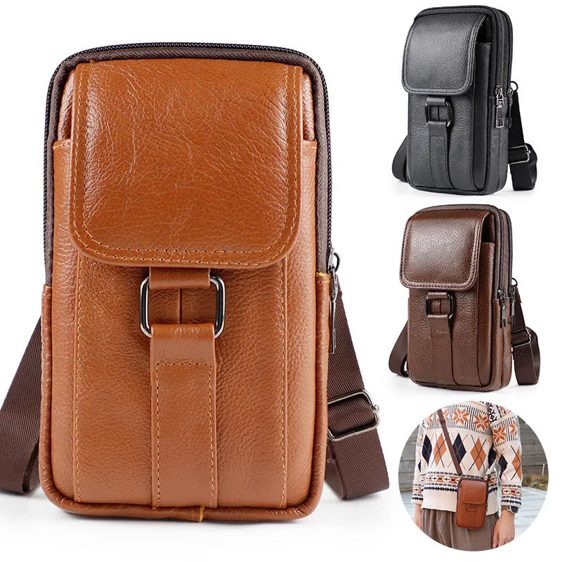 Men's black genuine leather crossbody waist bag with a lock and square vertical shape.