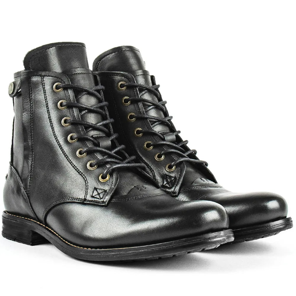 Knight Series men's black leather ankle boots with side zipper and waxed two-tone finish.