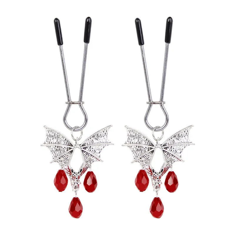 Silver adjustable bat nipple clamp with ruby clip design for intimate jewellery