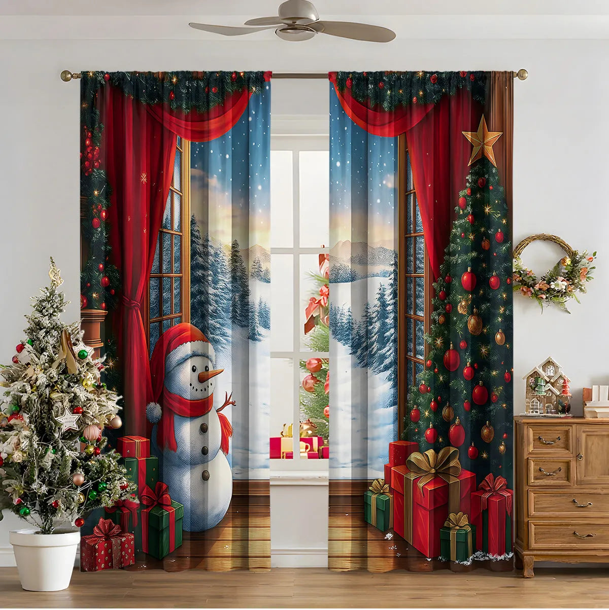 3D digitally printed Christmas curtain panel in a modern style, made from polyester fabric.