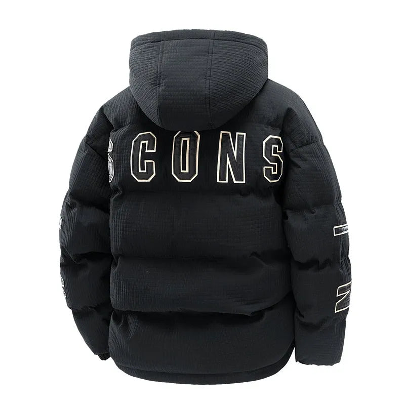 Men's black cotton-padded hooded winter coat with letter-print design and side pockets