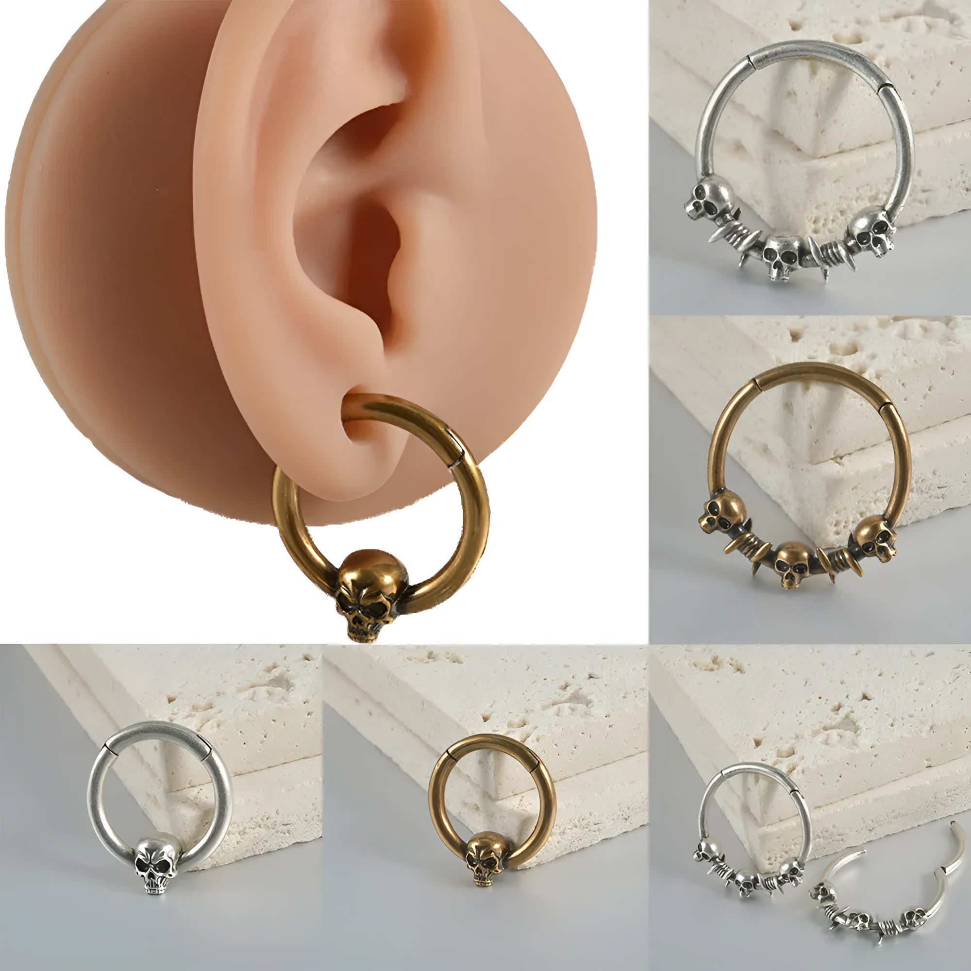 Copper punk earrings with ghost head design in antique gold or silver finish