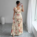 Apricot V-neck dress with digital floral print, ruffled short sleeves and oversized swing skirt