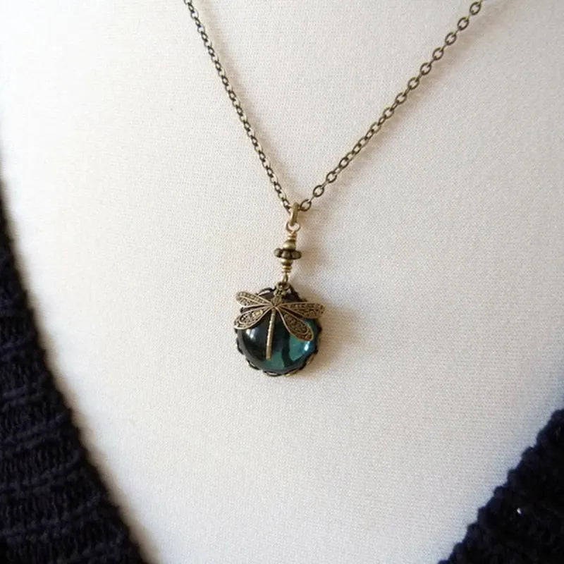 Hand carved dragonfly pendant necklace in vintage bronze colour on 925 silver chain