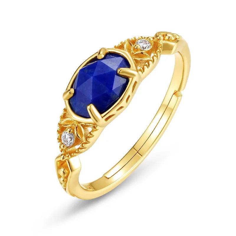 Women's Japanese minimalist lapis lazuli ring with geometric silver alloy setting and ellipse shape
