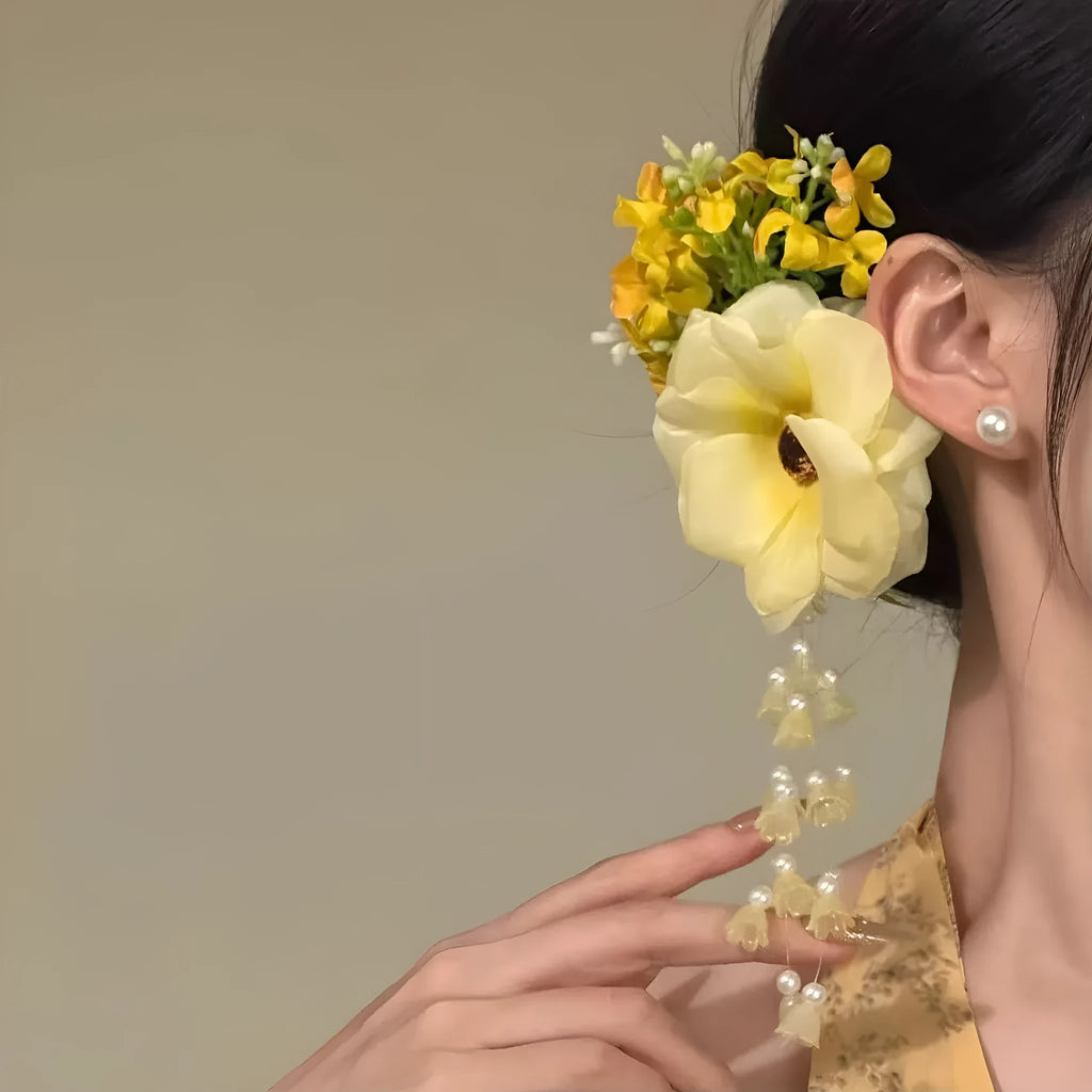 Yellow and purple flower tassel side clip hair accessories for women with mixed material construction