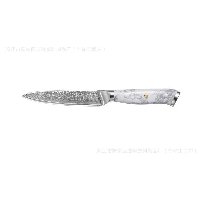 Damascus pattern chef's knife with 21cm VG10 steel blade and 11cm handle showing Japanese knife construction