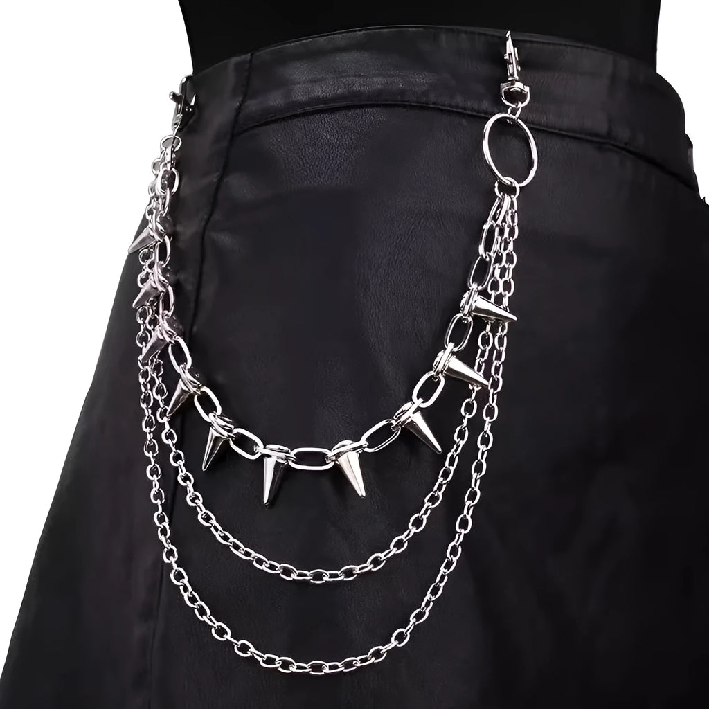 Silver metal dark punk rivet chain belt with double layer phants zipper design for trousers