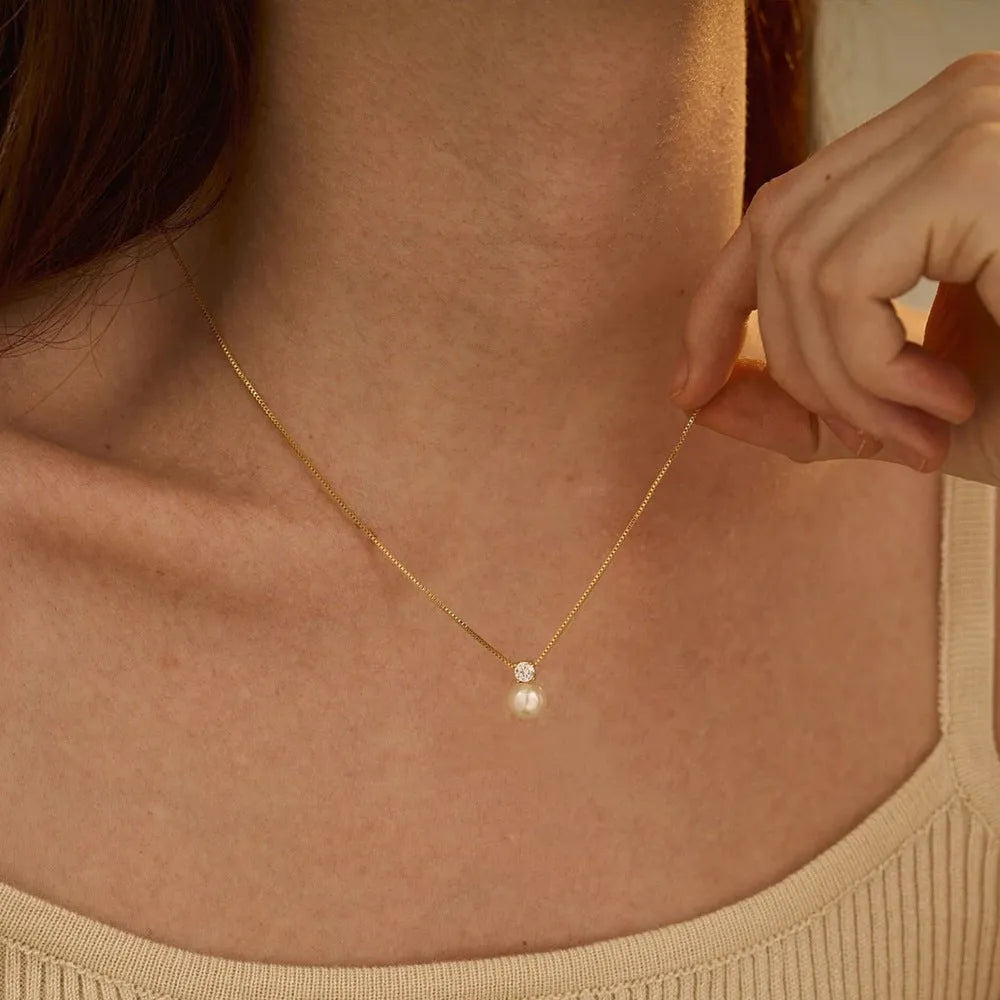 St Delan stainless steel necklace with imitation pearl and zircon pendant in New Chinese style design