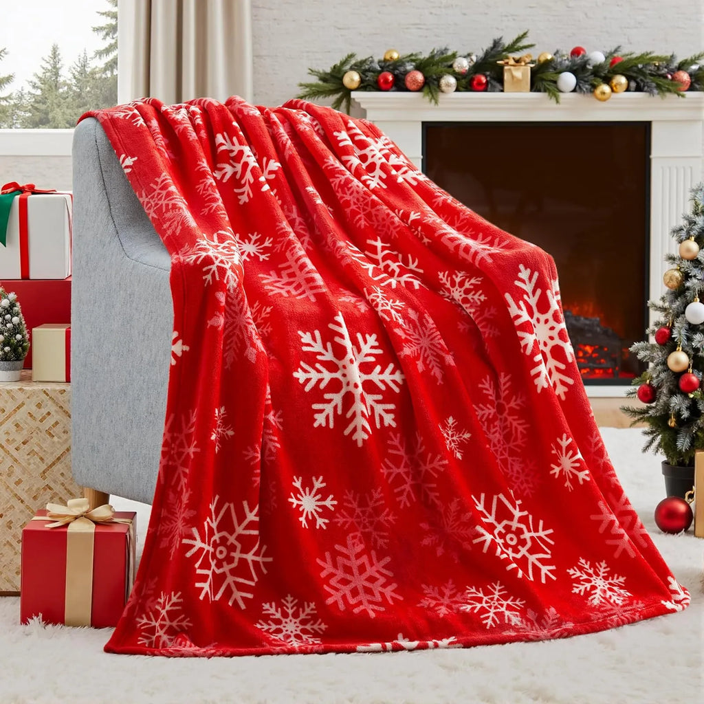 Soft flannel Christmas blanket in polyester fibre showing available colour options and size range