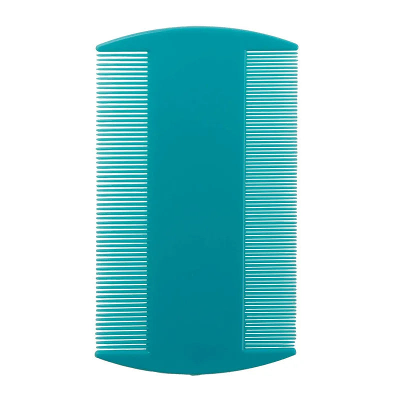 Double-edged plastic flea and lice comb in assorted colours, showing fine teeth.