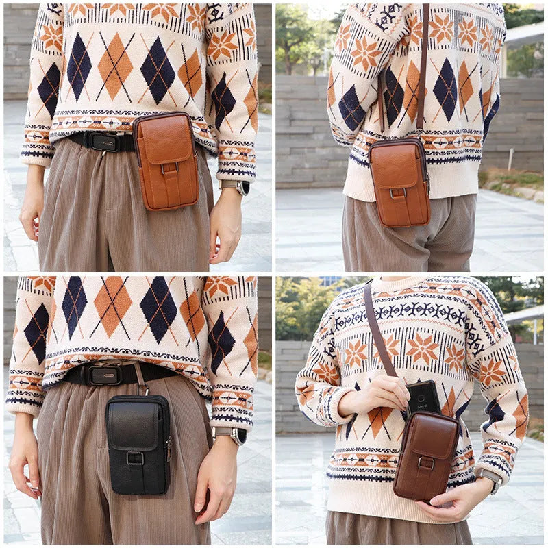 Men's black genuine leather crossbody waist bag with a lock and square vertical shape.