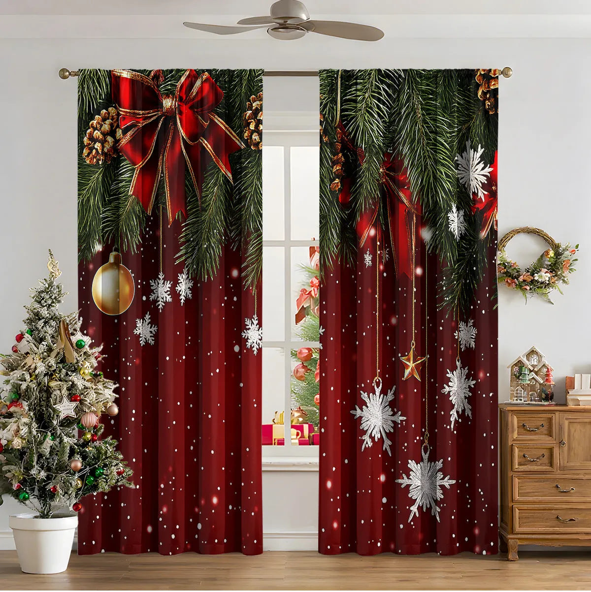3D digitally printed Christmas curtain panel in a modern style, made from polyester fabric.