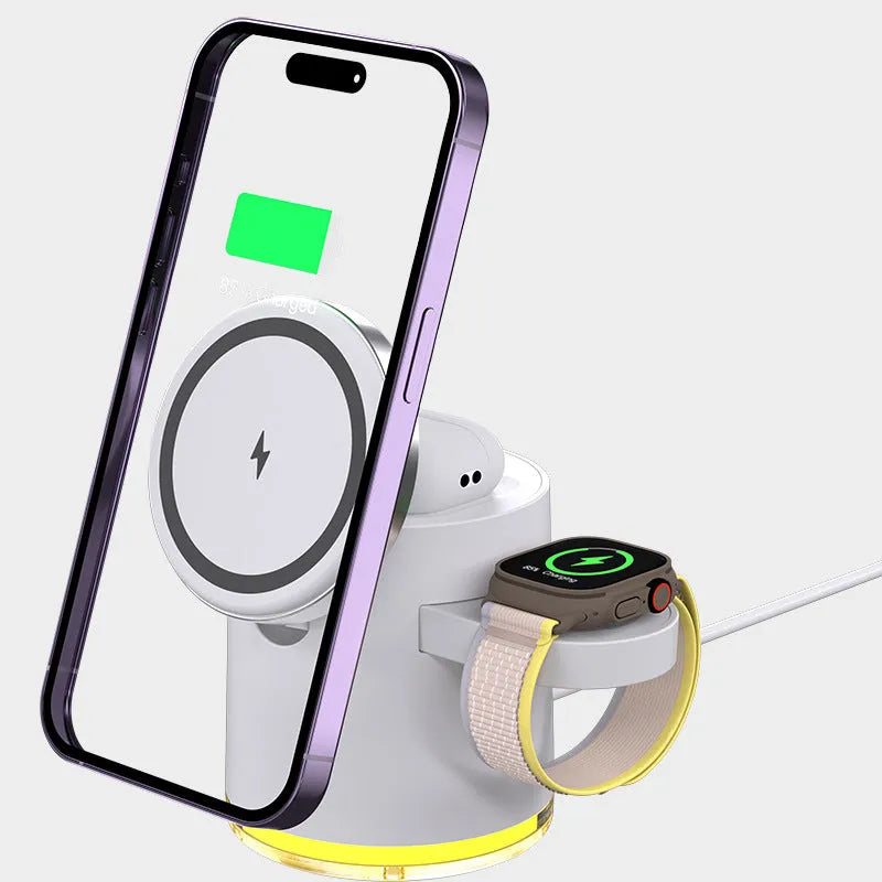 C16 portable folding three-in-one wireless charger in black on a table, charging a phone, watch, and earphones.