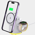 C16 portable folding three-in-one wireless charger in black on a table, charging a phone, watch, and earphones.