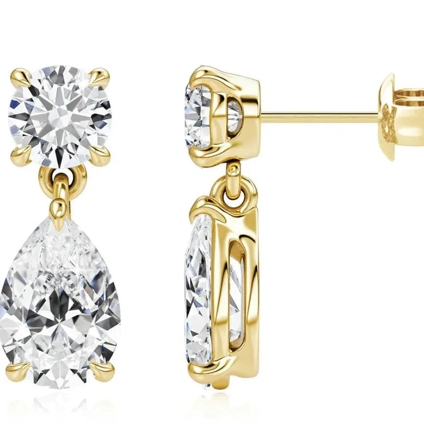 925 sterling silver water drop moissanite stud earrings with round and geometric stones in gold or silver plating
