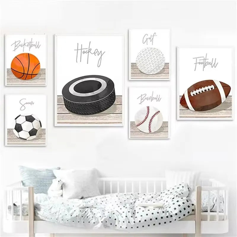 Cartoon sports canvas wall art with football, basketball, and baseball tools for children's bedroom