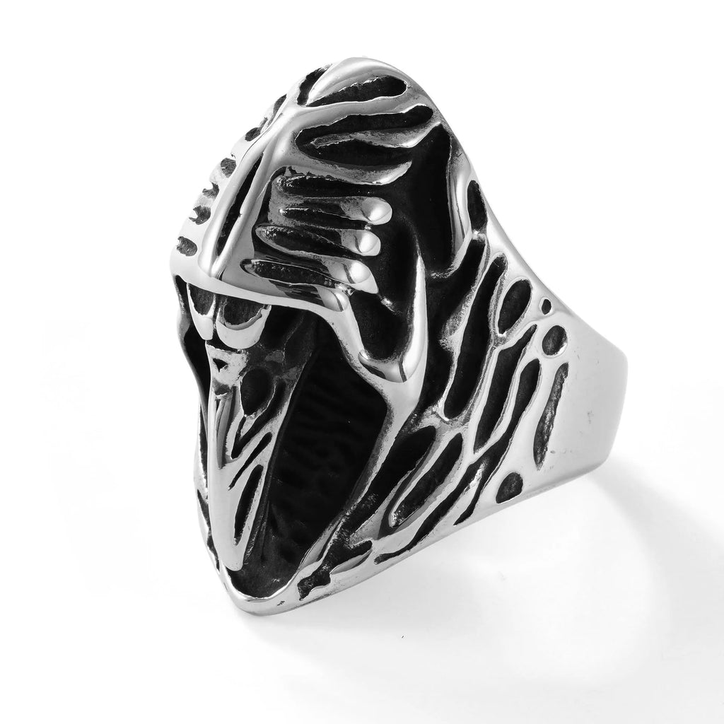 Titanium steel geometric crow punk ring in MR166 colour showing retro animal styling