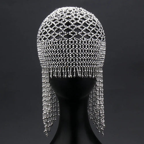 Handmade beaded belly dance head ornament with tassel on alloy mesh, in silver or black.