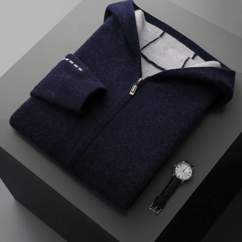 Men's thick cashmere zip-up cardigan sweater in dark blue with half-high collar