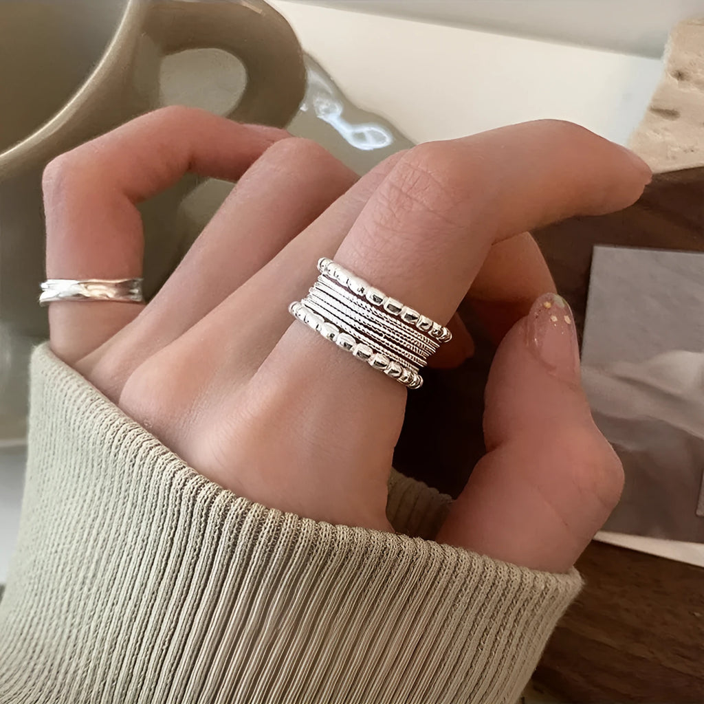 Adjustable geometric copper ring with woven twisted multilayer design for women