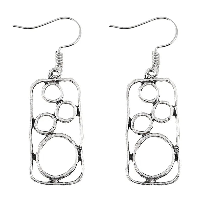 Round zinc alloy earrings with geometric square design in antique silver finish
