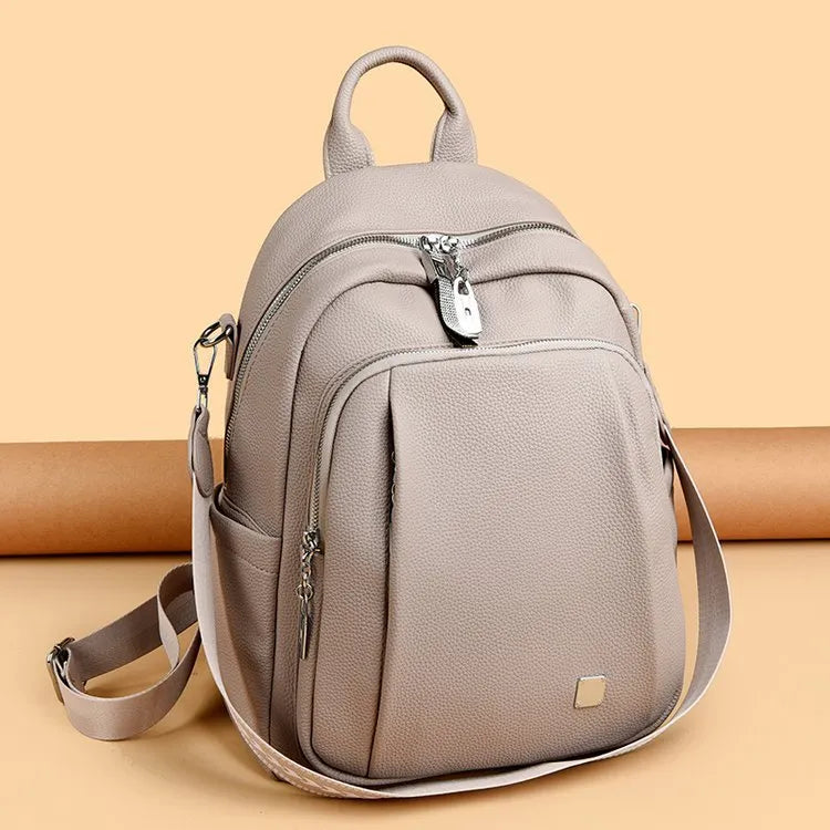 Women's soft leather PU waterproof single backpack in beige, 35x28x13cm, neutral style for men and women