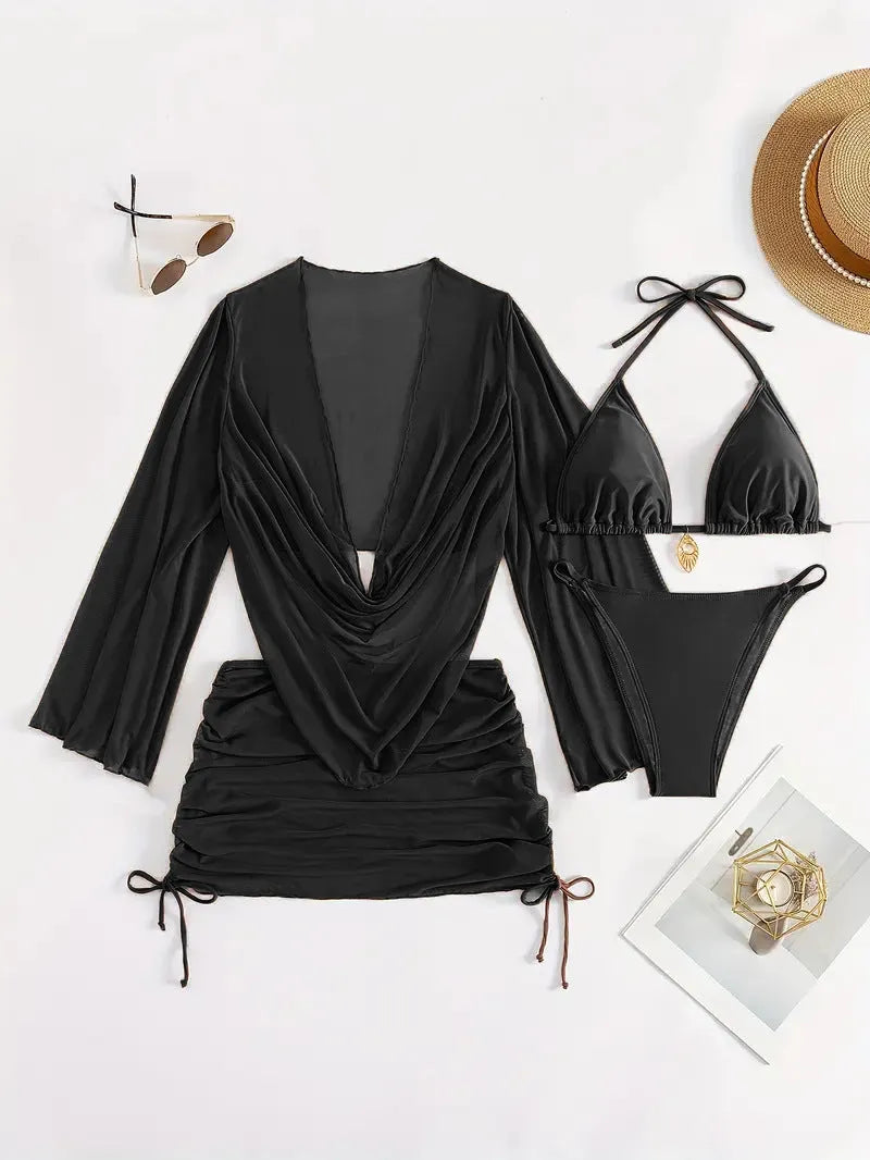 Women's dark brown backless bikini suit with lace-up detail and sleeveless design