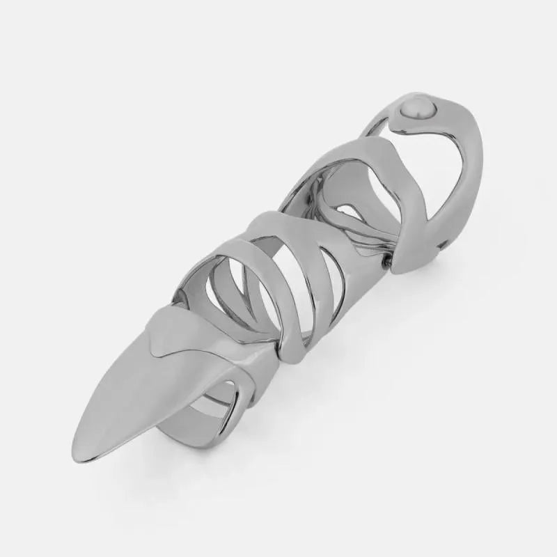 Silver-coloured punk armour finger stall ring made from alloy.
